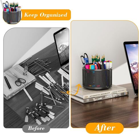 LUCYCAZ 360 Rotating Metal Pencil Pen Holder for Desk, Rotating Pencil Cup with 5 Slots, Dual-Purpose Desk Pen Organizer for Office, School, Home (Round) in Kuwait