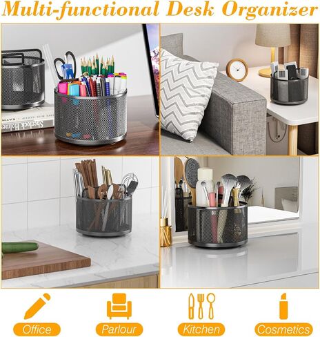 LUCYCAZ 360 Rotating Metal Pencil Pen Holder for Desk, Rotating Pencil Cup with 5 Slots, Dual-Purpose Desk Pen Organizer for Office, School, Home (Round) in Kuwait
