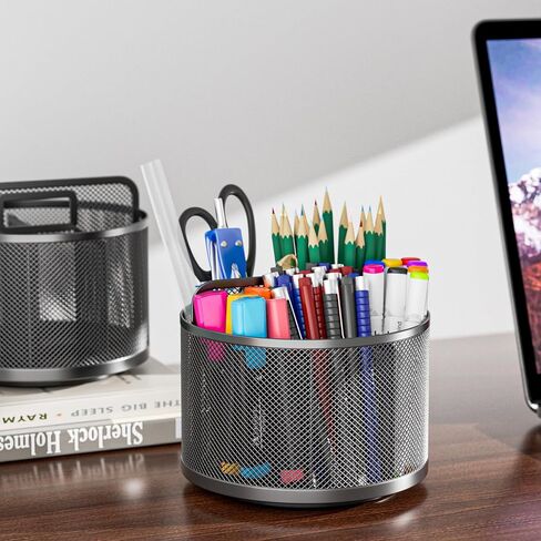 LUCYCAZ 360 Rotating Metal Pencil Pen Holder for Desk, Rotating Pencil Cup with 5 Slots, Dual-Purpose Desk Pen Organizer for Office, School, Home (Round) in Kuwait
