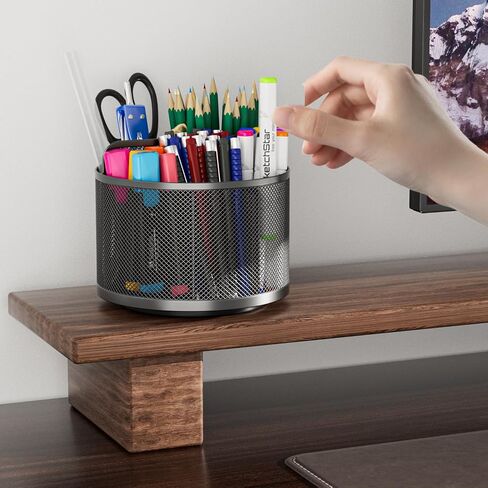 LUCYCAZ 360 Rotating Metal Pencil Pen Holder for Desk, Rotating Pencil Cup with 5 Slots, Dual-Purpose Desk Pen Organizer for Office, School, Home (Round) in Kuwait