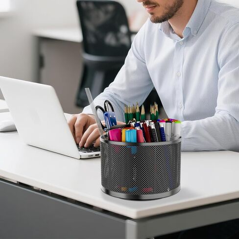 LUCYCAZ 360 Rotating Metal Pencil Pen Holder for Desk, Rotating Pencil Cup with 5 Slots, Dual-Purpose Desk Pen Organizer for Office, School, Home (Round) in Kuwait