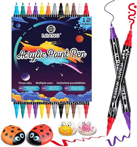 24 قطعة من أقلام طلاء الأكريليك - أقلام طلاء أكريليك ذات طرف مزدوج (12 لونًا) علامات طلاء، للرسم الصخري، السيراميك، الخشب، البلاستيك، الخط، سجل القصاصات، حروف الفرشاة، صناعة البطاقات، الحرف اليدوية اليدوية in Kuwait