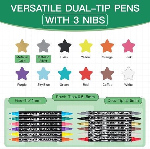 24 قطعة من أقلام طلاء الأكريليك - أقلام طلاء أكريليك ذات طرف مزدوج (12 لونًا) علامات طلاء، للرسم الصخري، السيراميك، الخشب، البلاستيك، الخط، سجل القصاصات، حروف الفرشاة، صناعة البطاقات، الحرف اليدوية اليدوية in Kuwait