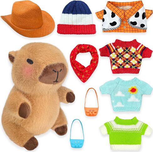 Plush Capybara مع 9 أجهزة كمبيوتر ملابس وملحقات ، 10.2 في ألعاب حيوانية لطيفة محشو بالحيوانات ، ملابس لطيفة للفتيات/الأولاد (بني) in Kuwait