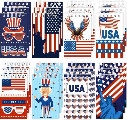 24 Packs Patriotic Mini Notepads 4th of July Spiral Notebooks Pocket Memo Pads Independence Day American Flag Red White Blue USA Party Favors Gifts for Memorial Day Labor Day Veterans Day, 8 Designs in Saudi Arabia