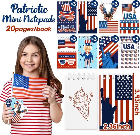 24 Packs Patriotic Mini Notepads 4th of July Spiral Notebooks Pocket Memo Pads Independence Day American Flag Red White Blue USA Party Favors Gifts for Memorial Day Labor Day Veterans Day, 8 Designs in Saudi Arabia