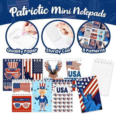 24 Packs Patriotic Mini Notepads 4th of July Spiral Notebooks Pocket Memo Pads Independence Day American Flag Red White Blue USA Party Favors Gifts for Memorial Day Labor Day Veterans Day, 8 Designs in Saudi Arabia