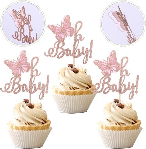 RSSTARXI 24 Pack Butterfly Cupcake Toppers - Glitter Baby Shower Cupcake Picks - Chids Birthday Party Decorations - Rose Gold in Kuwait