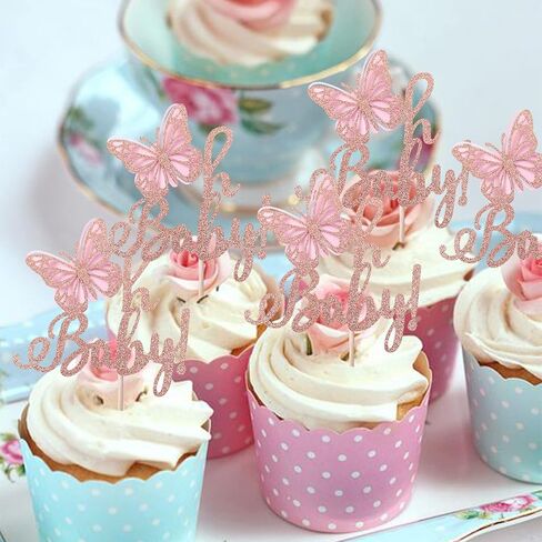 RSSTARXI 24 Pack Butterfly Cupcake Toppers - Glitter Baby Shower Cupcake Picks - Chids Birthday Party Decorations - Rose Gold in Kuwait