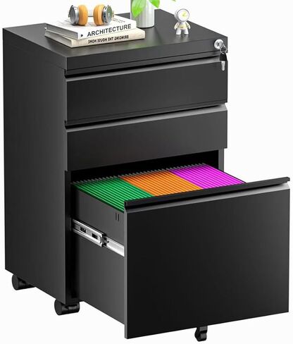 Superday Black File Cabinet 3 Drawer, Fully Assemble Metal Rolling Vertical Filing Cabinet with Wheels, Small Under Desk File Cabinets for Home Office in Saudi Arabia