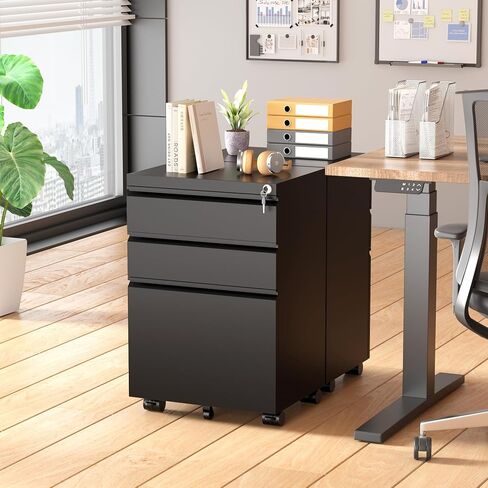 Superday Black File Cabinet 3 Drawer, Fully Assemble Metal Rolling Vertical Filing Cabinet with Wheels, Small Under Desk File Cabinets for Home Office in Saudi Arabia
