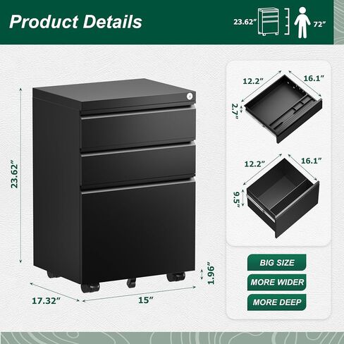Superday Black File Cabinet 3 Drawer, Fully Assemble Metal Rolling Vertical Filing Cabinet with Wheels, Small Under Desk File Cabinets for Home Office in Saudi Arabia