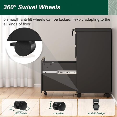 Superday Black File Cabinet 3 Drawer, Fully Assemble Metal Rolling Vertical Filing Cabinet with Wheels, Small Under Desk File Cabinets for Home Office in Saudi Arabia