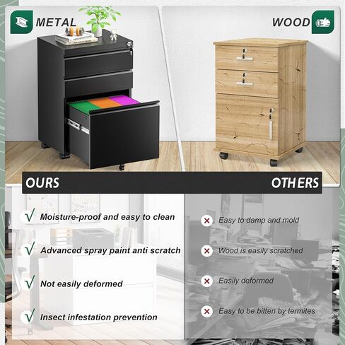 Superday Black File Cabinet 3 Drawer, Fully Assemble Metal Rolling Vertical Filing Cabinet with Wheels, Small Under Desk File Cabinets for Home Office in Saudi Arabia