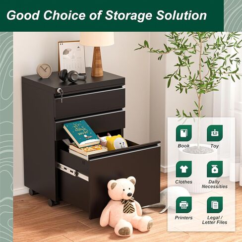 Superday Black File Cabinet 3 Drawer, Fully Assemble Metal Rolling Vertical Filing Cabinet with Wheels, Small Under Desk File Cabinets for Home Office in Saudi Arabia