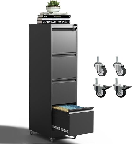 4 Drawer Mobile File Cabinet, Metal Filing Cabinet with Lock and Wheels, Home Office Rolling File Cabinets for Legal/Letter Hanging File Folders, Un-Assembled (Black) in Kuwait