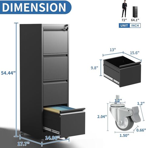 4 Drawer Mobile File Cabinet, Metal Filing Cabinet with Lock and Wheels, Home Office Rolling File Cabinets for Legal/Letter Hanging File Folders, Un-Assembled (Black) in Kuwait