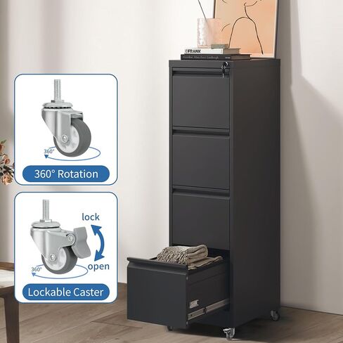 4 Drawer Mobile File Cabinet, Metal Filing Cabinet with Lock and Wheels, Home Office Rolling File Cabinets for Legal/Letter Hanging File Folders, Un-Assembled (Black) in Kuwait