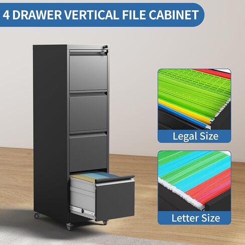 4 Drawer Mobile File Cabinet, Metal Filing Cabinet with Lock and Wheels, Home Office Rolling File Cabinets for Legal/Letter Hanging File Folders, Un-Assembled (Black) in Kuwait