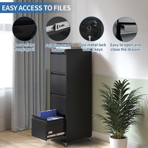 4 Drawer Mobile File Cabinet, Metal Filing Cabinet with Lock and Wheels, Home Office Rolling File Cabinets for Legal/Letter Hanging File Folders, Un-Assembled (Black) in Kuwait