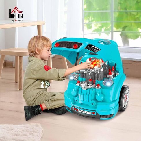 Qaba Truck Engine Toy, Kids Mechanic Set with Lights, Sounds, Steering Wheel and Horn, Pretend Car Service Station Play with 61-Piece Included, Toy Engine Building Kit for Kids Aged 3+, Red in Saudi Arabia