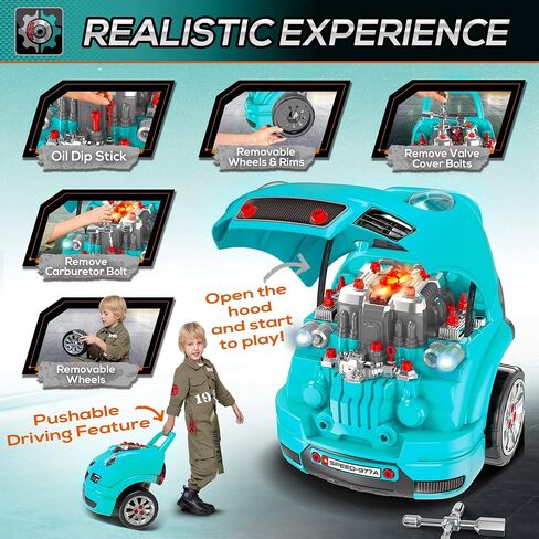 Qaba Truck Engine Toy, Kids Mechanic Set with Lights, Sounds, Steering Wheel and Horn, Pretend Car Service Station Play with 61-Piece Included, Toy Engine Building Kit for Kids Aged 3+, Red in Saudi Arabia