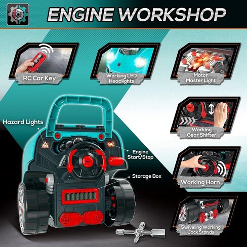 Qaba Truck Engine Toy, Kids Mechanic Set with Lights, Sounds, Steering Wheel and Horn, Pretend Car Service Station Play with 61-Piece Included, Toy Engine Building Kit for Kids Aged 3+, Red in Saudi Arabia