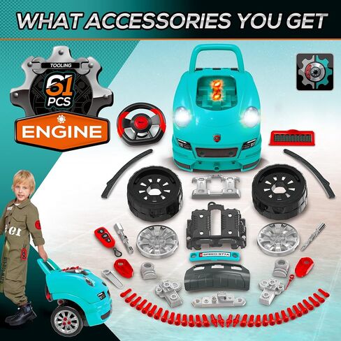 Qaba Truck Engine Toy, Kids Mechanic Set with Lights, Sounds, Steering Wheel and Horn, Pretend Car Service Station Play with 61-Piece Included, Toy Engine Building Kit for Kids Aged 3+, Red in Saudi Arabia