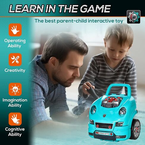 Qaba Truck Engine Toy, Kids Mechanic Set with Lights, Sounds, Steering Wheel and Horn, Pretend Car Service Station Play with 61-Piece Included, Toy Engine Building Kit for Kids Aged 3+, Red in Saudi Arabia