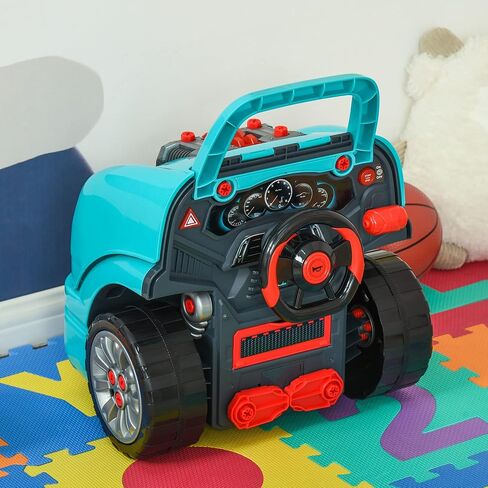Qaba Truck Engine Toy, Kids Mechanic Set with Lights, Sounds, Steering Wheel and Horn, Pretend Car Service Station Play with 61-Piece Included, Toy Engine Building Kit for Kids Aged 3+, Red in Saudi Arabia