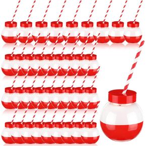 Baderke 36 Set 10 oz Plastic Fishing Bobbers Cups with Straws and Lids Small Fish Bowls for Drinks White and Red Fun Fishing Birthday Party Decorations for Fishermen Pool Birthday Party Supplies