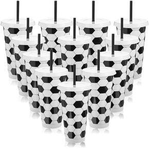 12 Pcs Plastic Soccer Cups Reusable Tumbler with Lid and Straw Sports Gifts for Coach Fan Men Women Soccer Party Favors Sports Themed Party Decoration (24 oz)
