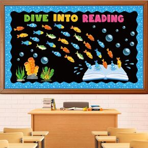 Kepeel Tropical Fish Bulletin Board Decorations Set, Under The Sea Classroom Decor Summer Ocean Animal Cutouts Dive Into Reading Bulletin Board for Welcome School Classroom Door Window Wall Decor