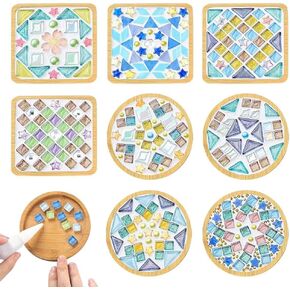 Ukontagood 8 Pack DIY Mosaic Tiles for Crafts, Mixed Color Mosaic Kits with Bamboo Coaster, Square & Round DIY Coasters Kit for Coaster Handmade Home Gifts