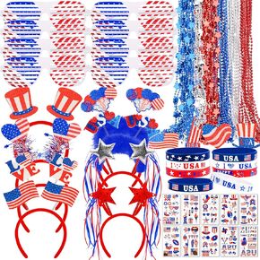148 Pcs 4th of July Patriotic Accessories for kids Including Glasses Necklaces Headbands Bracelets Tattoos for Fourth of July Party Decorations, Independence Day, Memorial Day