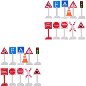 LUOZZY 22pcs Mini Traffic Simulation Signs with Lights and Barriers for Kids Train Track Sand Table Play
