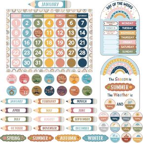 Tenare Classroom Calendar Bulletin Board Set Calendar Seasons Weather Chart Bulletin Board and Rainbow Classroom Display with Stickers for Elementary Bedroom Wall Decoration