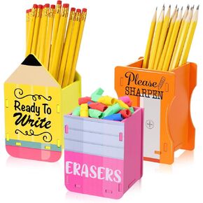 3 Pcs Pencil Shaped Holder Sharp and Eraser and Dull Holder Wooden Dispenser Pencil Storage Organizer for Back to School Management Organization (Classic)