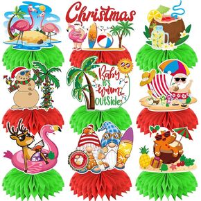 9 Pcs Summer Christmas Decorations Honeycomb Centerpieces, Hawaiian Christmas Party Table Decorations, Tropical Christmas Decorations Centerpieces, Mele Kalikimaka Christmas Decorations for Table