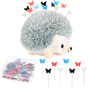 Hedgehog Shaped Pin Cushion Sewing Kit, Sewing Pincushion with 100 Pcs Colored Butterfly Pins for Sewing Dressmaker (Gray)