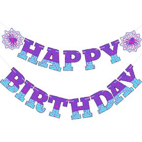 Oudain Ghost Spider Theme Birthday Banner Decorations Pre-strung Purple Spider Web Happy Birthday Banner Flags Sign Purple Blue Pink Cartoon Backdrop Party Supplies Favors