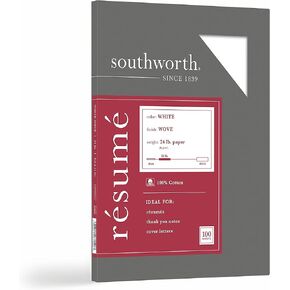Southworth® 100% Cotton Résumé Paper, 8 1/2" x 11", 24 Lb, 100% Recycled, White, Pack Of 100