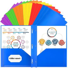 Officygnet 18 Packs 2 Pocket Folders with 3 Prongs Fastener Clasps, Bulk Heavy Duty Plastic Folder, Multicolor Folders for School and Office, Tow Pocket Folders for Letter Size Sheets