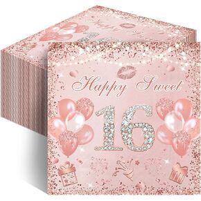 Avezano 100 Pcs Rose Gold Sweet 16 Paper Napkins 6.5 x 6.5" Sweet 16 Birthday Party Decorations Girls 16th Birthday Napkins Set Disposable