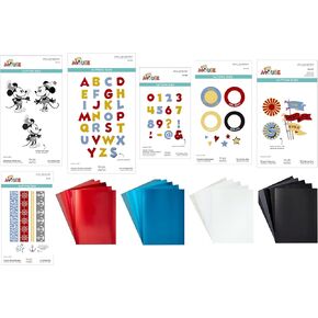 Spellbinders Classic Mouse and Steamboat Willie Ultimate Papercrafters Bundle - Themed Dies, Alphabet & Numbers, Coordinating Colorful Red, Blue, Black and White Cardstock, 26 Piece Bundle