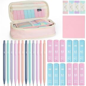 Mechanical Pencil Set with Cute Pencil Case, 12PCS Pastel Mechanical Pencils 0.5 & 0.7mm with 720PCS HB Leads, 4PCS Erasers and 1x Sticky Note, Suitable for School Writing, Drafting Drawing Sketching