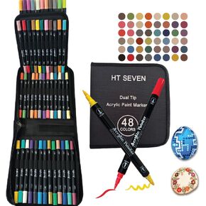 Dual Tip Acrylic Paint Markers Set (24 Colors) - Professional Double Sided Marker with Fine & Brush Tip | Waterproof Paint Pens for Wood Coloring, Rock Painting, Calligraphy & DIY Crafts