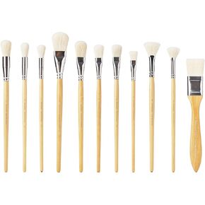 11-Piece Acrylic Painting Brush Set - Mop & Blending Brushes for Watercolor, Gold Leaf Gilding & Pottery Glazing - Goat Hair/Synthetic Mix (Oval,Flat,Fan,Hake)