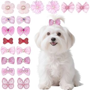 20 Pcs Pink Small Dog Hair Bows with Rubber Bands Elastic Handmade Mix Style Lace Rhinestone Pearls Hair Ties Flower Bow for Puppy Cats Dogs Girls(Lovely Pink)