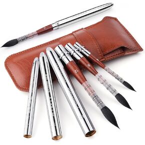 Squirrel Hair Travel Watercolor Brushes, Fuumuui 3pcs Natural Soft Squirrel Mop Round Fine Tip Quill Watercolor Travel Brushes with Leather Pouch for Watercolor Gouache Ink Painting